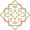 A geometric gold mandala-like symbol with interlocking squares and leaf motifs, ornate and symmetrical, on a black background.