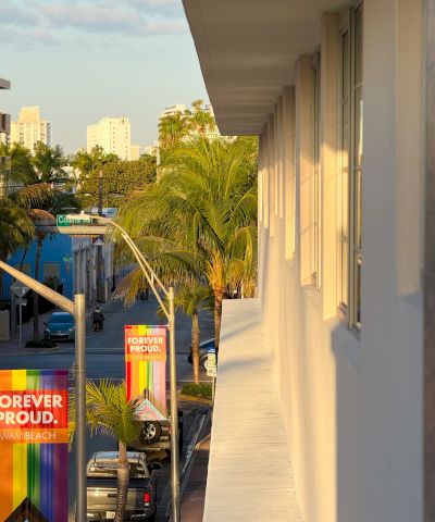 A sunny street view from a balcony, with palm trees, colorful rainbow Pride banners, parked cars, and buildings in the distance.