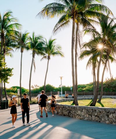 A sunny beachside path with tall palm trees casting long shadows as people stroll along a stone wall near the water, enjoying the warm breeze.