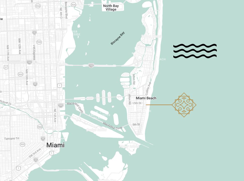 A map of Miami near the coast with water to the east, showing streets, a marina, and a decorative compass; waves graphic on the right.