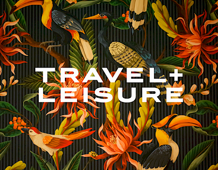 Vibrant tropical birds and lush foliage form a dense jungle scene with colorful flowers; bold white &ldquo;TRAVEL+ LEISURE&rdquo; text sits center.