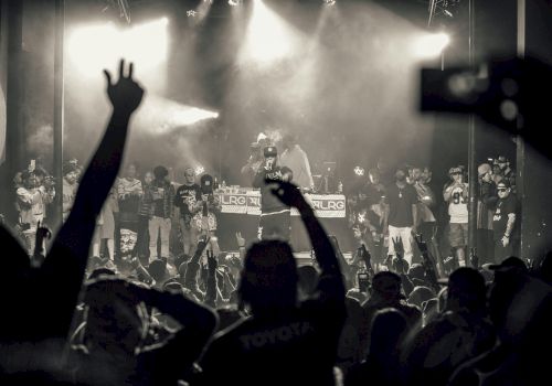 A black-and-white concert scene with a large crowd, a stage full of performers, and raised hands&mdash;music fans enjoying a live show.