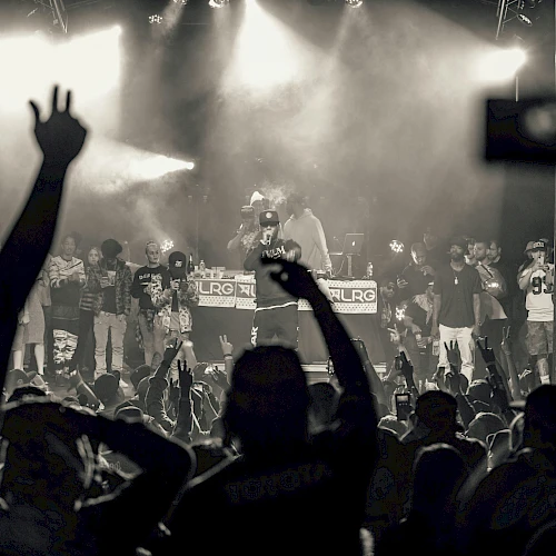 A black-and-white concert scene with a large crowd, a stage full of performers, and raised hands&mdash;music fans enjoying a live show.