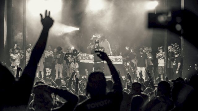 A black-and-white concert scene with a large crowd, a stage full of performers, and raised hands&mdash;music fans enjoying a live show.