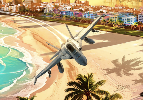 A fighter jet hovers low over a sunny beach, with a helicopter near the water and colorful buildings lining the shore as palm trees sway.