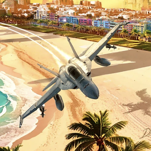 A fighter jet hovers low over a sunny beach, with a helicopter near the water and colorful buildings lining the shore as palm trees sway.