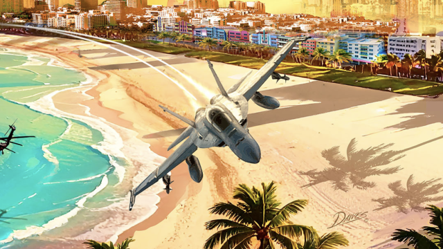 A fighter jet hovers low over a sunny beach, with a helicopter near the water and colorful buildings lining the shore as palm trees sway.